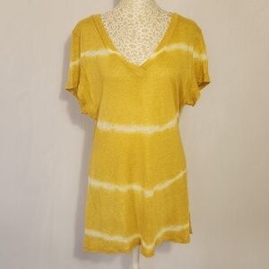 Baci Yellow 100% Linen Tie Dye Deep VNeck Short Sleeve Relaxed Fit Tunic Beach